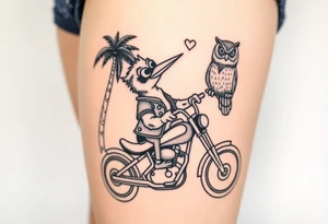 Woody the woodpecker wearing a leather vest that says peckerwoods, on a Harley Davidson under a palm tree, gazing in love at a barn owl tattoo idea