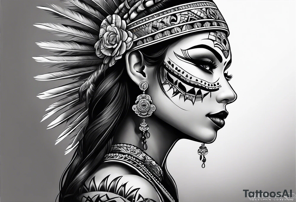 Aztec princess side profile day of the dead tattoo idea