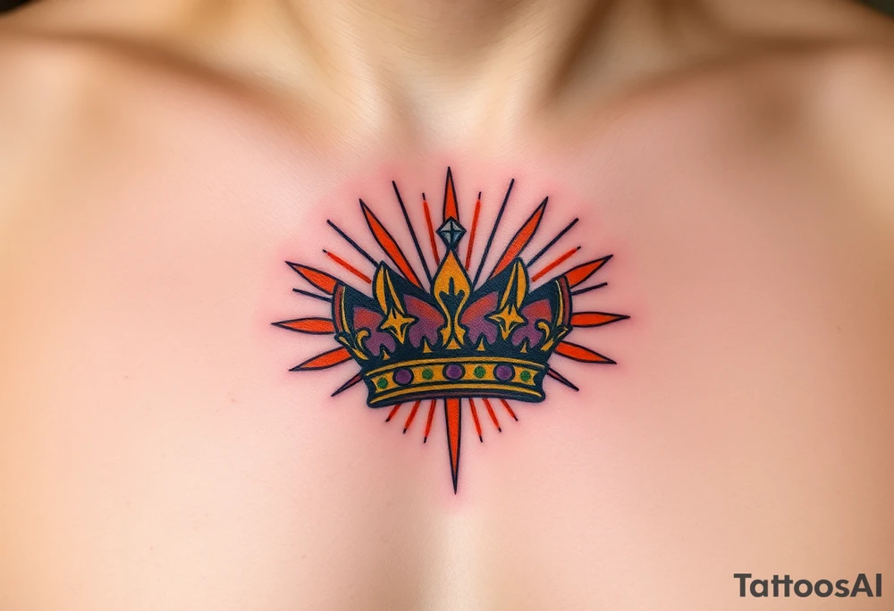 A crown with a diamond at the center and rays of light emanating from it, colored in deep purple, gold, and fiery orange, symbolizing power and strength tattoo idea
