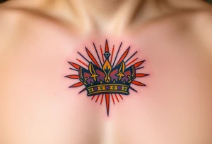 A crown with a diamond at the center and rays of light emanating from it, colored in deep purple, gold, and fiery orange, symbolizing power and strength tattoo idea