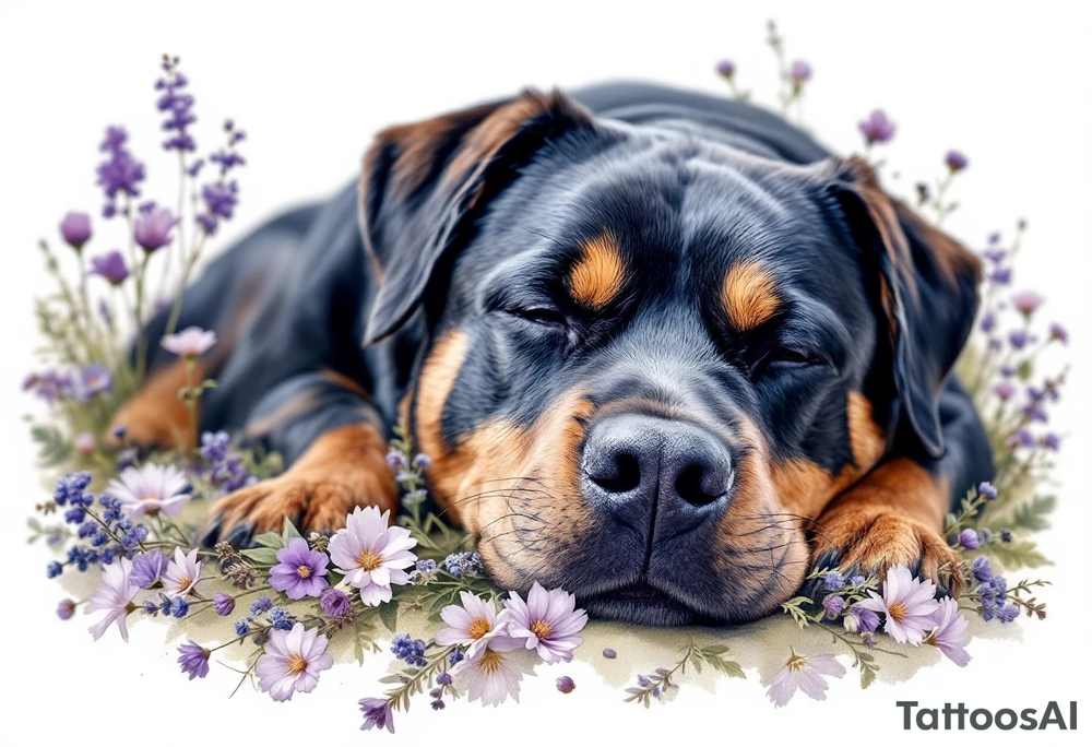 Rottweiler in Flowers – A full-body Rottweiler lying peacefully in a field of purple wildflower tattoo idea