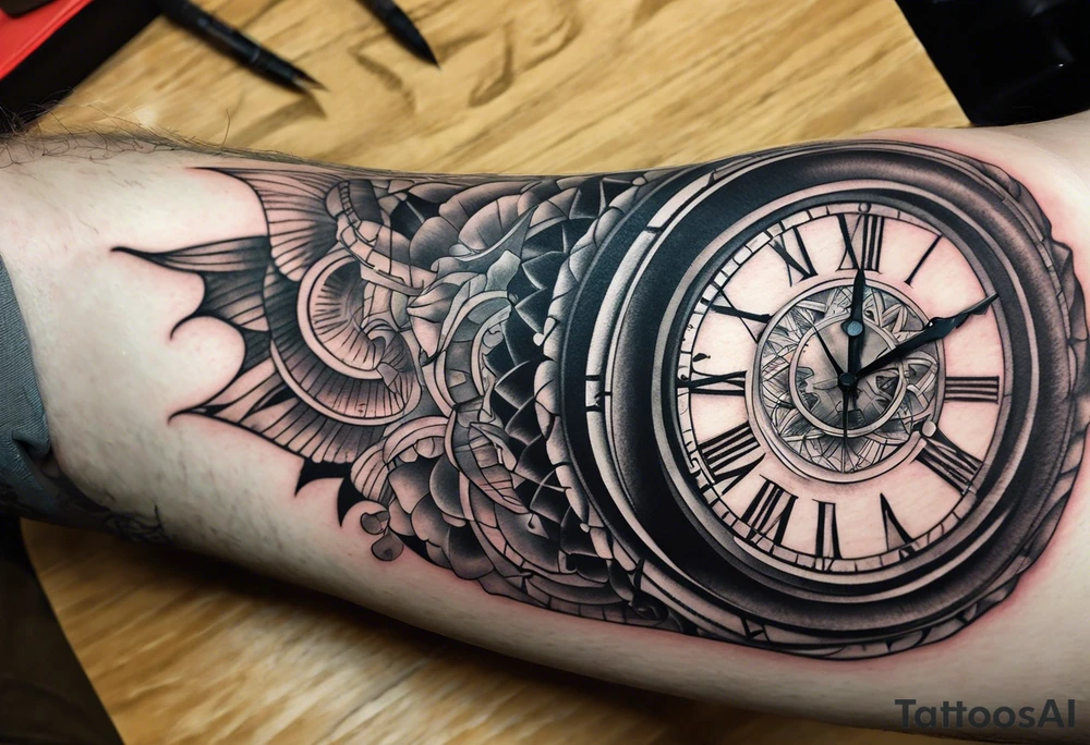 Draw me a tattoo located on the shoulder and upper arm of a man. The tattoo represents a clock in an hourglass with Roman numerals in the background. It is a symbol of the passing of time. tattoo idea