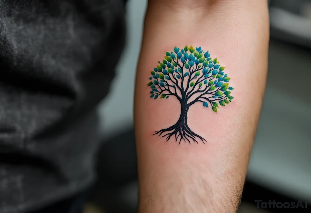 Father and kid share a vibrant blue and green tree of life tattoo representing growth and connection. tattoo idea