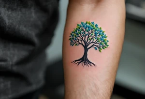 Father and kid share a vibrant blue and green tree of life tattoo representing growth and connection. tattoo idea