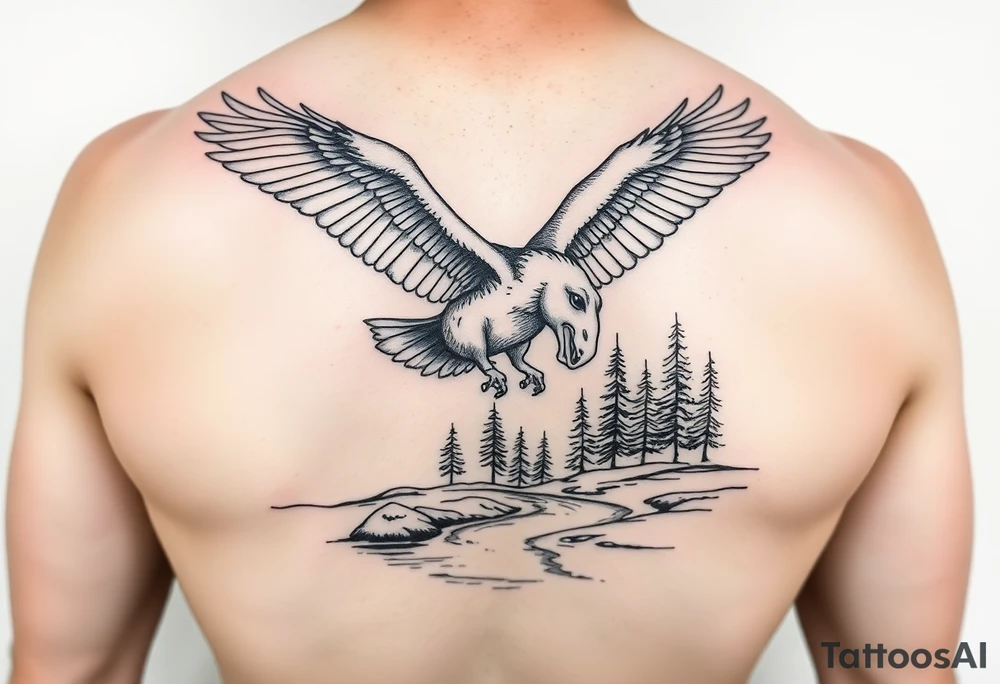 Eagle flying and a horse drinking from a river with some trees tattoo idea