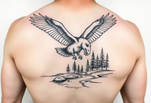 Eagle flying and a horse drinking from a river with some trees tattoo idea