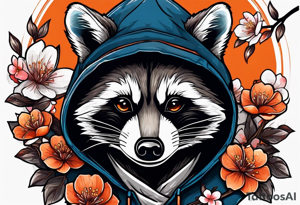 Raccoon wearing a white Superman logo on a black hoodie and orange Japanese cherry blossoms beside tattoo idea