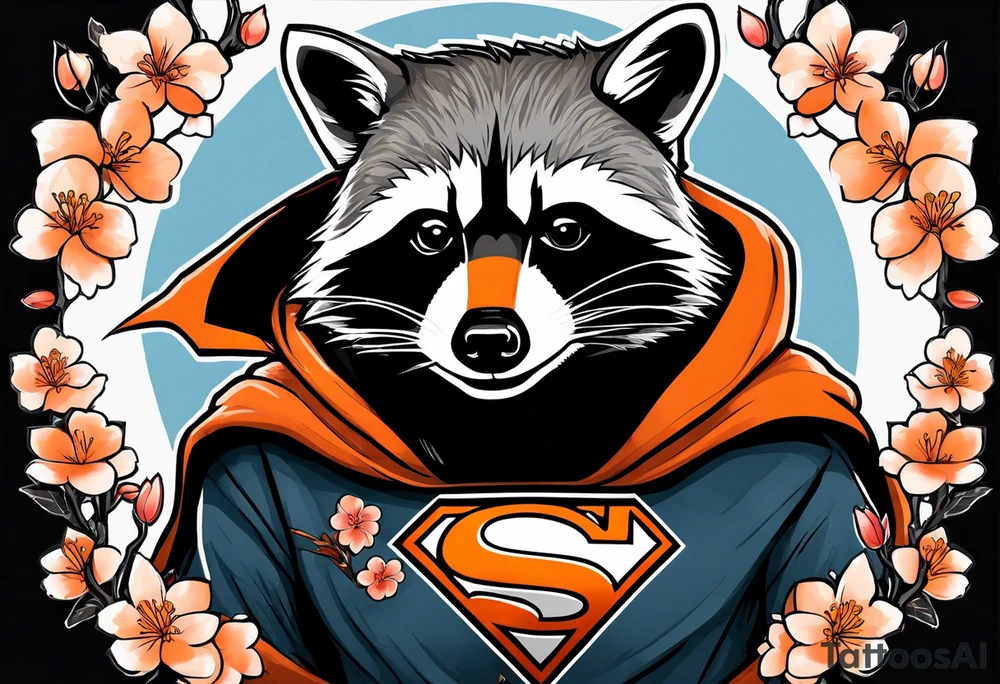 Raccoon wearing a white Superman logo on a black hoodie and orange Japanese cherry blossoms tattoo idea