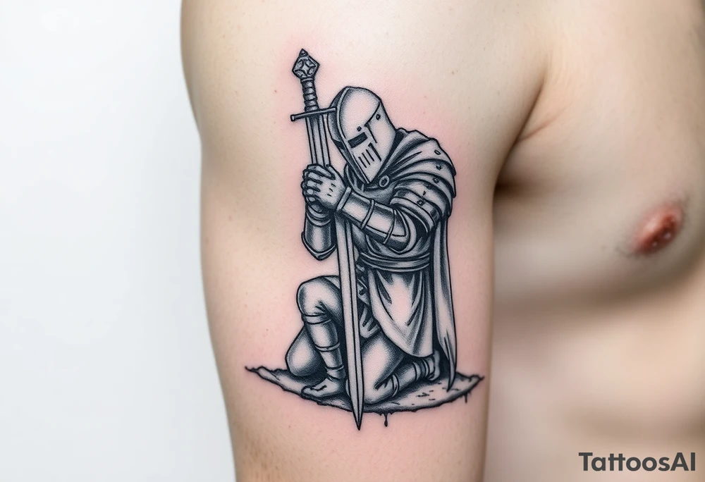 Weary knight with sword praying to the cross on one knee tattoo idea