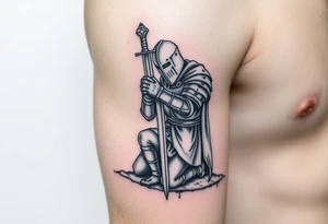 Weary knight with sword praying to the cross on one knee tattoo idea