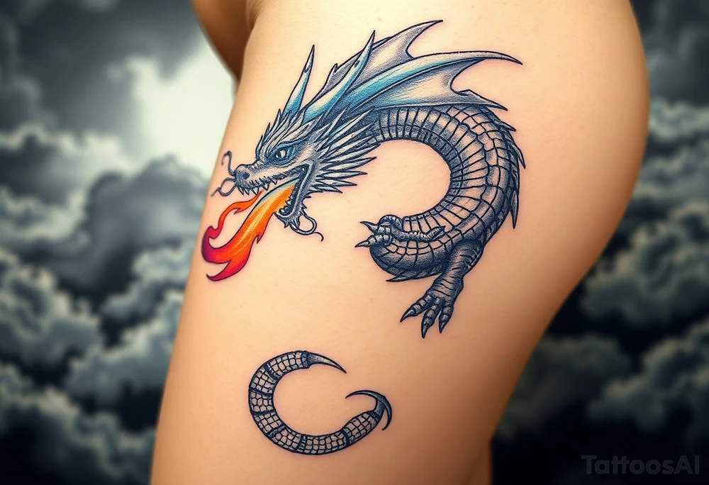 fierce dragon breathing iridescent fire against stormy skies tattoo idea