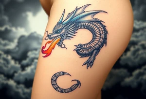fierce dragon breathing iridescent fire against stormy skies tattoo idea