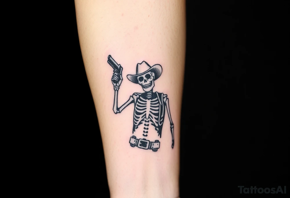Detailed Skeleton cowboy shooting a revolver above his head tattoo idea