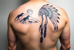 Traditional cherokee chief skeleton with spirit animals in the sky and moon and hazy clouds in the backdrop tattoo idea