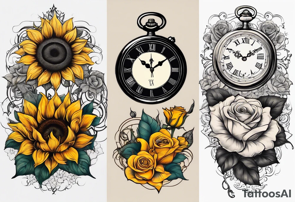 Sunflower, roses, witchy, 3 pocket watches, celestial, music tattoo idea