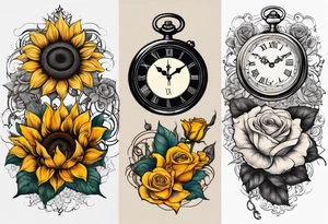 Sunflower, roses, witchy, 3 pocket watches, celestial, music tattoo idea