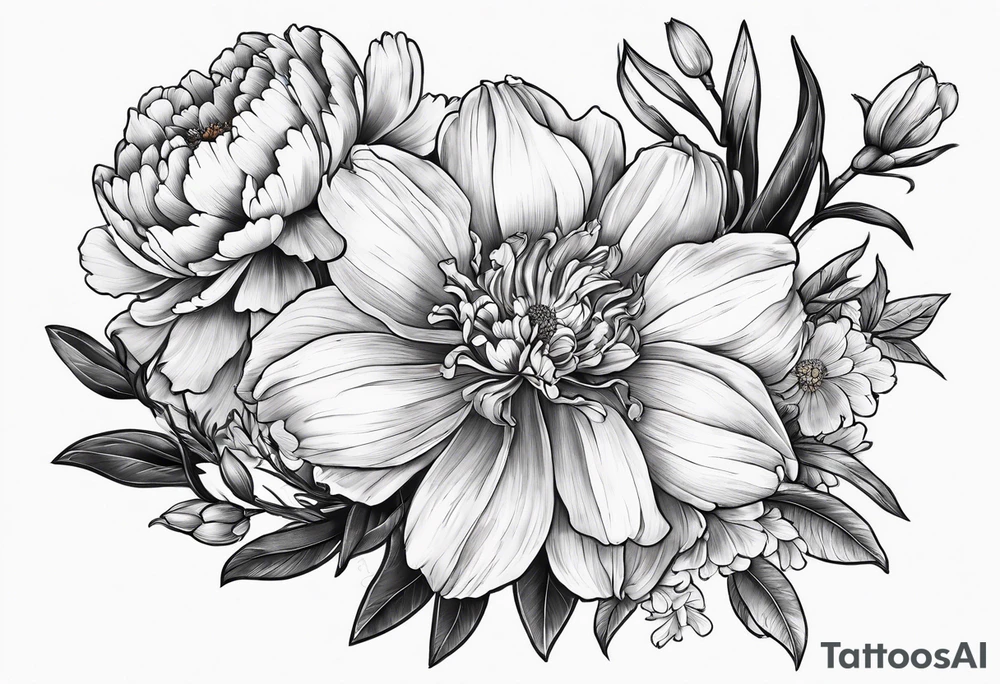 marigold, peony, and narcissus side by side tattoo idea