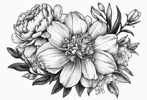 marigold, peony, and narcissus side by side tattoo idea