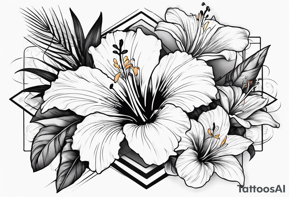 hibiscus and lily flowers in the background with an absent cross overlapping it tattoo idea