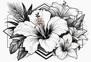 hibiscus and lily flowers in the background with an absent cross overlapping it tattoo idea