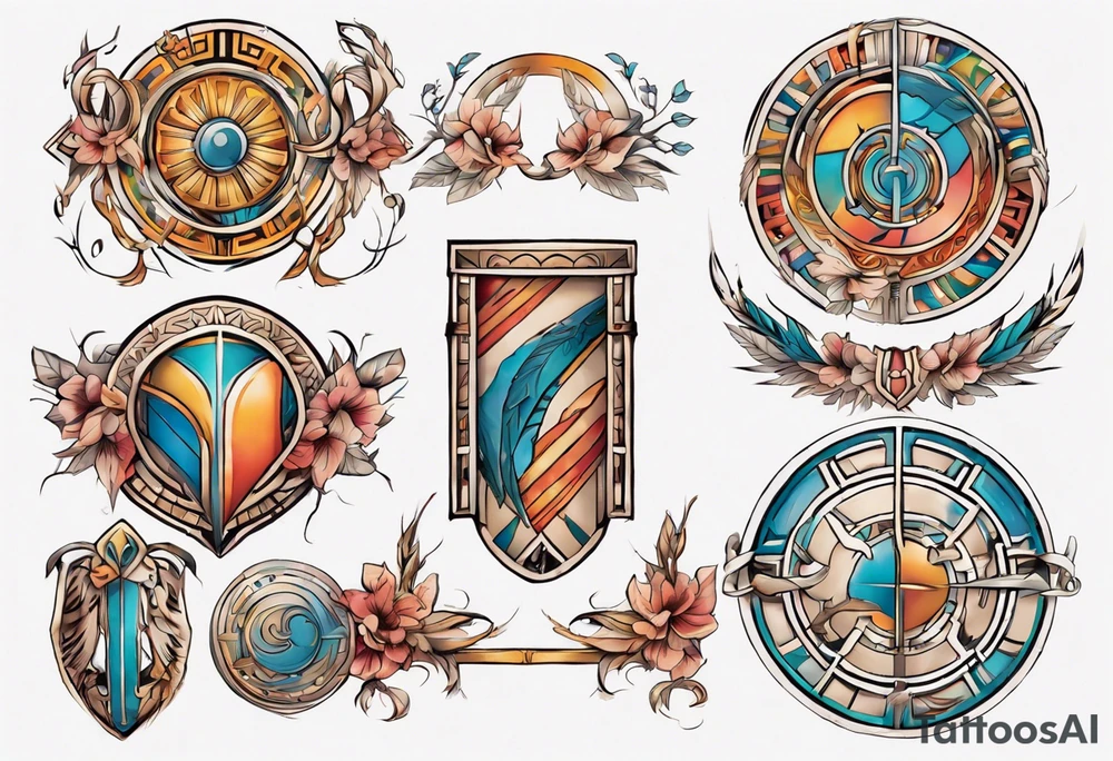 a colorful delicate rectangle-long tattoo within a half-circle configuration with a shield and spear with ancient Greek art intertwined tattoo idea