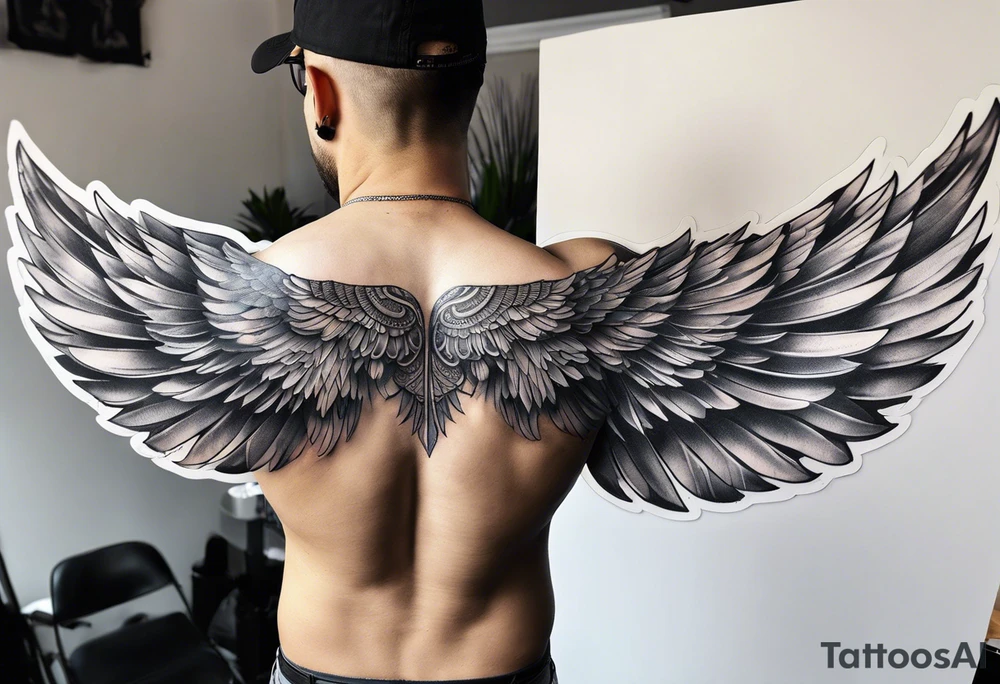 wings tattoo extending from a mens shoulders, covering the upper arms and upper back. The feathers are intricately detailed, with soft shading in black and gray to create depth and texture. tattoo idea