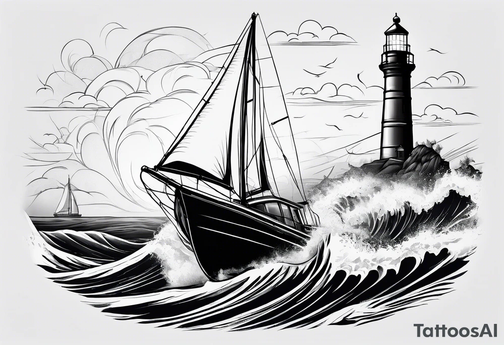 Sailboat on crashing waves with lighthouse in background tattoo idea