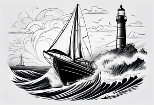 Sailboat on crashing waves with lighthouse in background tattoo idea