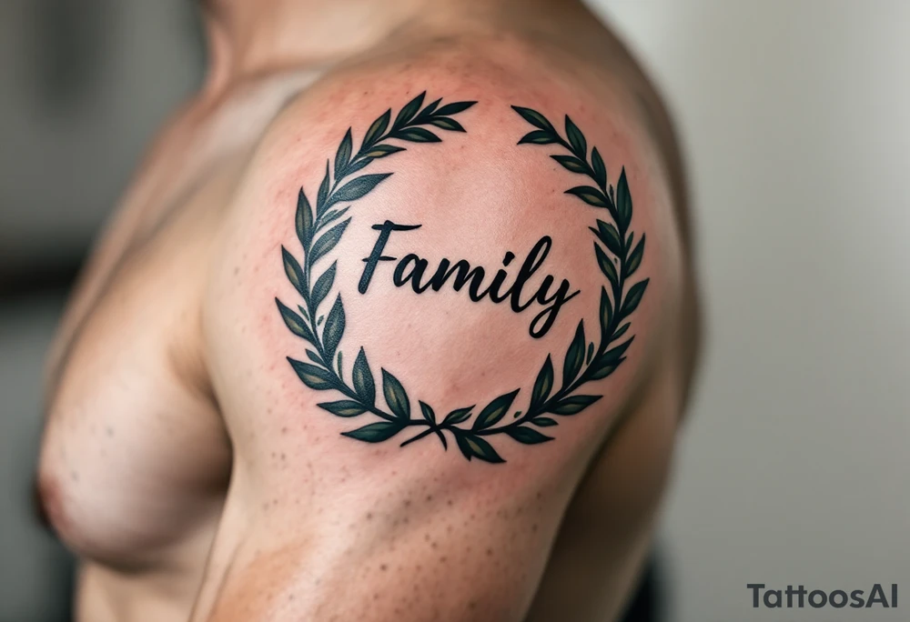A black and gray family tattoo encircled by a laurel wreath with hints of dark olive green. tattoo idea