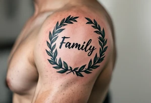 A black and gray family tattoo encircled by a laurel wreath with hints of dark olive green. tattoo idea