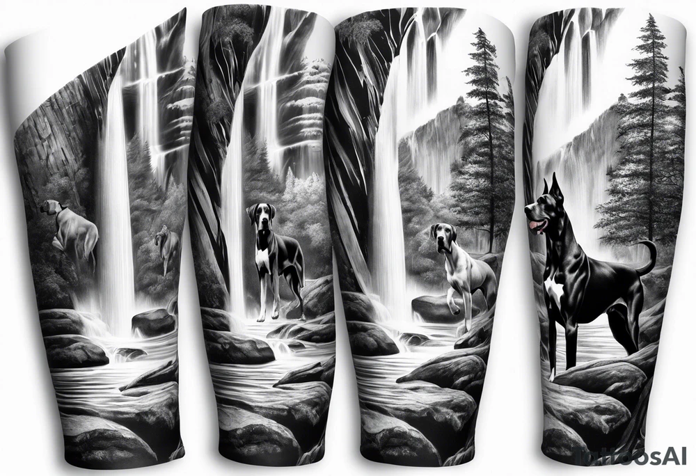 Arm sleeve for man with 4 Great Danes in front of a waterfall outdoor fillwork tattoo idea