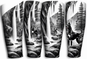 Arm sleeve for man with 4 Great Danes in front of a waterfall outdoor fillwork tattoo idea