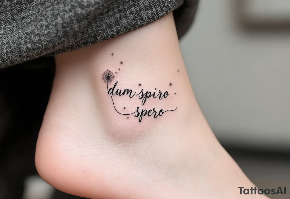 "Dum Spiro, Spero" (While I breathe, I hope), flowing in delicate handwritten script, paired with a gentle breath motif or dandelion dispersing seeds, in soft black and light gray tones for a light, hopeful feel. tattoo idea