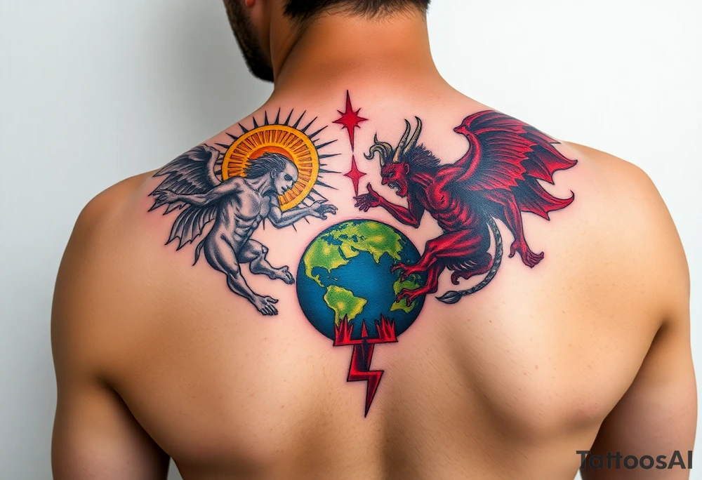 Heaven and hell fighting each other on earth tattoo idea
