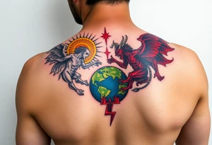 Heaven and hell fighting each other on earth tattoo idea