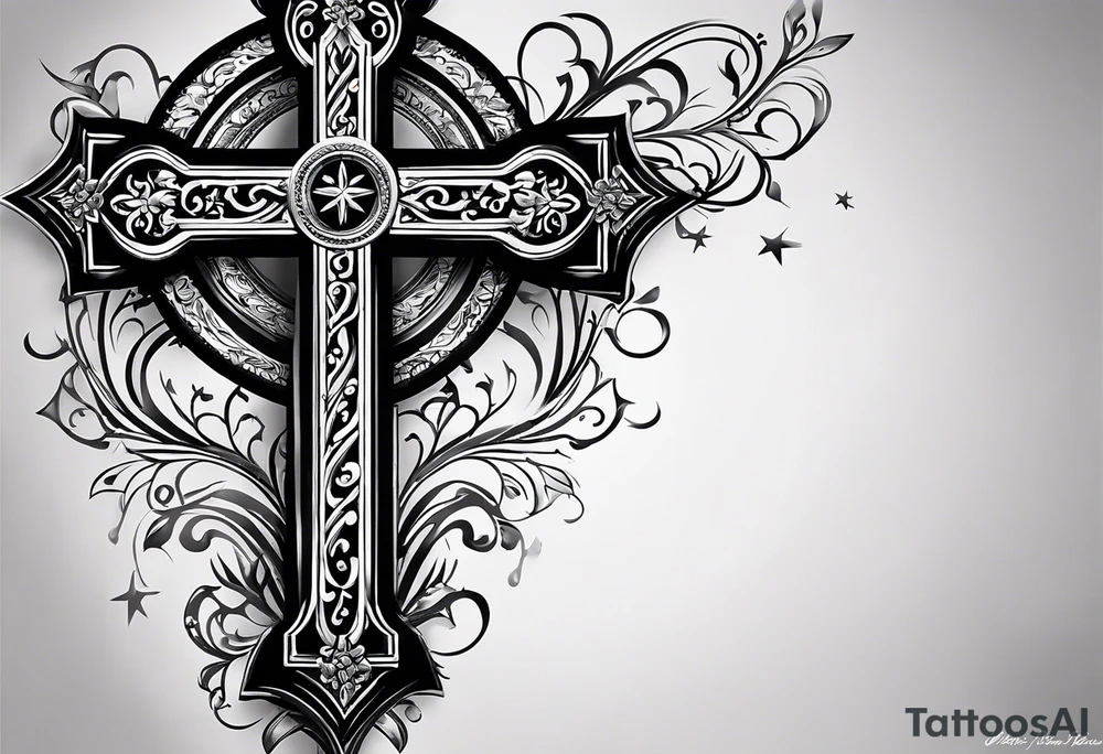 A cross under that is a scroll with my family’s names on it and put some stars around it tattoo idea