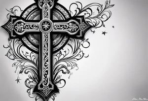 A cross under that is a scroll with my family’s names on it and put some stars around it tattoo idea