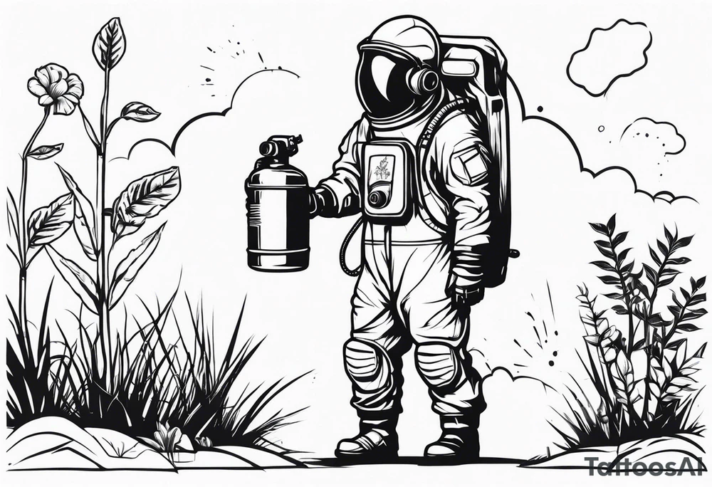 chernobyl radiation suit with cleaning tank spraying a plant tattoo idea