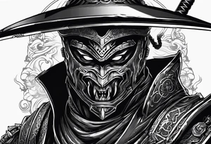Angry robot demon ninja with demon mask with sword tattoo idea