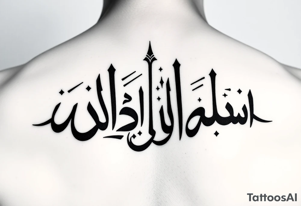 Bold, aggressive Thuluth style Arabic calligraphy of "لا فتی الا علی لا سیف الا ذوالفقار". The script should have a heavy, architectural weight. Sharp, sword-like flourishes on the letters. Deep black ink with negative space highlights. Dynamic flow tailored for the inner forearm. Minimalist but imposing, high contrast, clean lines. tattoo idea