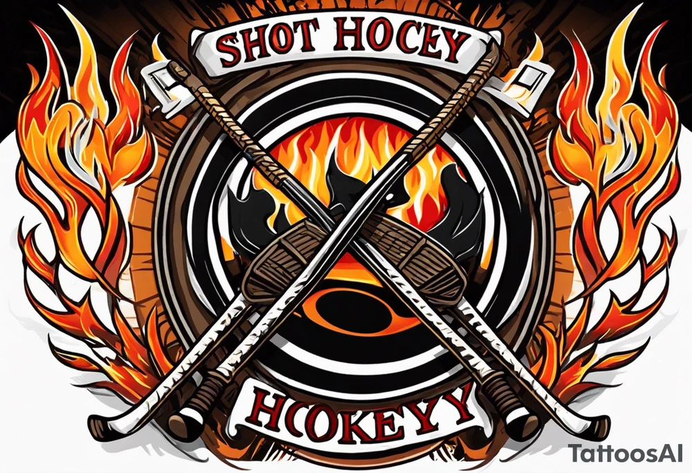 puck with crossed hockey sticks in the background and flames that says "SHOT HOCKEY" tattoo idea