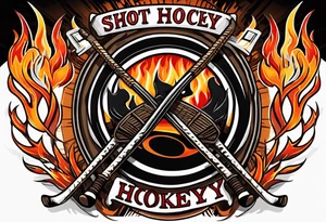 puck with crossed hockey sticks in the background and flames that says "SHOT HOCKEY" tattoo idea