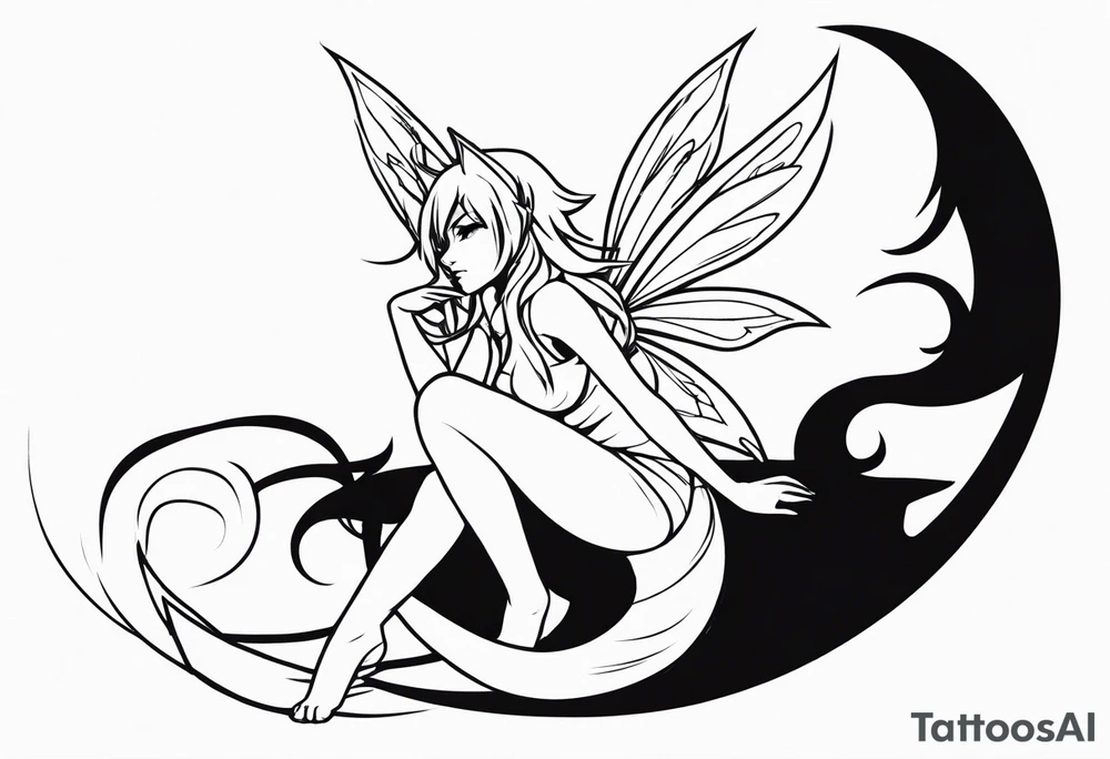 No color sketch of a fairy with a tail inspired by the guild symbol in the anime show called Fairy Tail in a fetal position leaning in and forward while crawled in tattoo idea