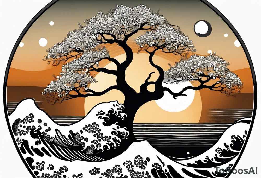 an abstract Tree of life tattoo design. Black and white. It should have roots growing out of the bottom. The roots slowly transform into water waves from the great wave by Hokusai. A golf ball should be placed discreetly. Like in the place of a moon. 2 license plate tags should be hanging from the tree. Place a few music notes. The letters A U should be engraved into the tree trunk in a heart tattoo idea