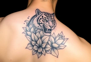 fierce tiger emerging through blooming lotus flowers in mist tattoo idea