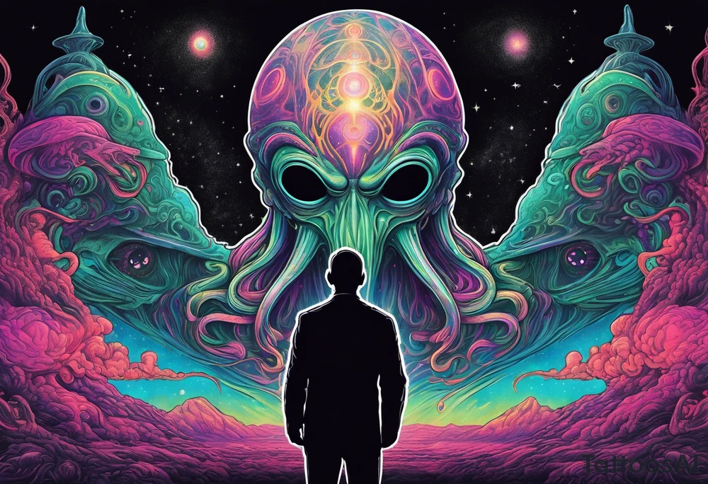 Full Back, synthwave, colossal Alien entities and space stuff, small human on The foreground in awe of The sheer scale of The infinite universe, More absurdist Aliens, Cthulhu-esque Alien pope tattoo idea