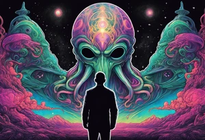 Full Back, synthwave, colossal Alien entities and space stuff, small human on The foreground in awe of The sheer scale of The infinite universe, More absurdist Aliens, Cthulhu-esque Alien pope tattoo idea