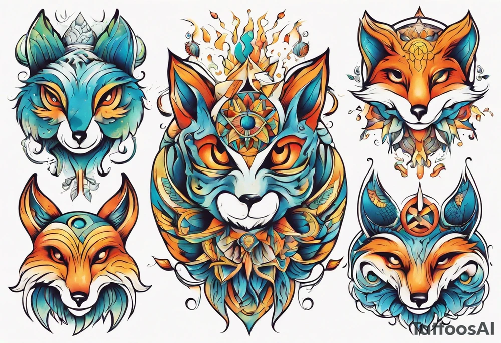 fisch, fuchs und eule , symetrie  sonne, universum, bunt tattoo idea