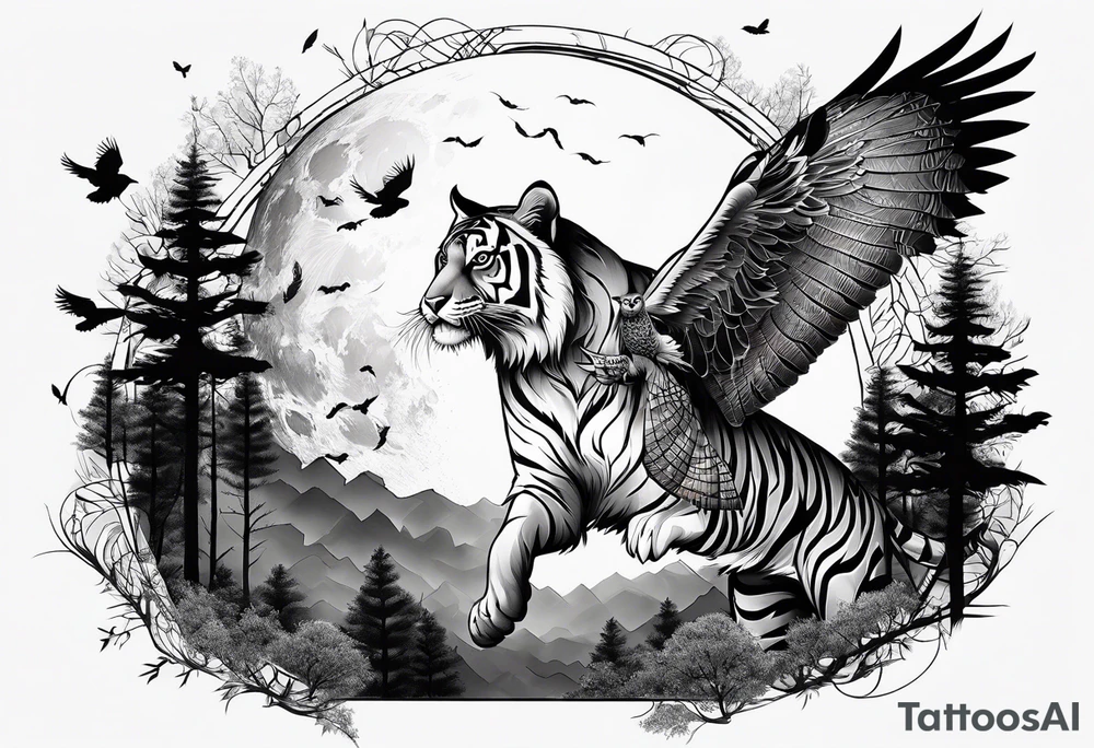 Tiger hunting a flying owl underneath a full moon in a forest tattoo idea