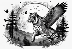 Tiger hunting a flying owl underneath a full moon in a forest tattoo idea